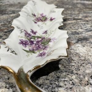 Floral Leaf-Shaped Dish with Gold Trim